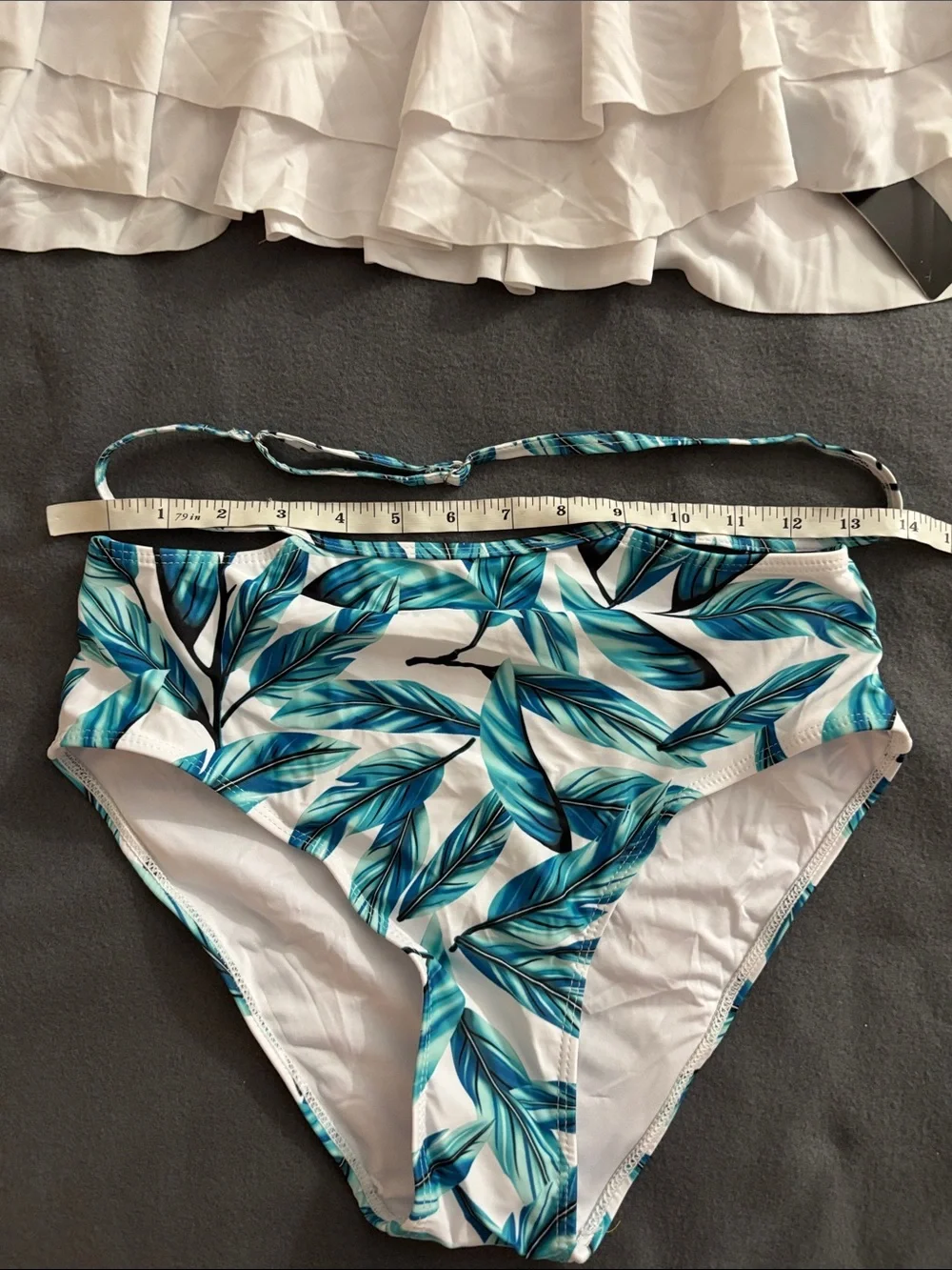 Tempt Me White Ruffle Bikini Blue Palm Leaf Bottoms Women’s M NWT